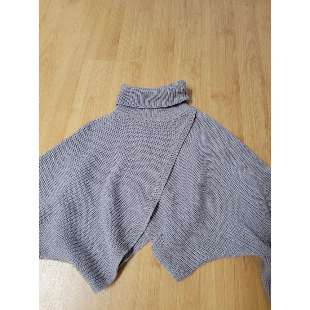 CIDER Asymmetrical Wrap Turtleneck Cropped Batwing Sweater Grey Small S